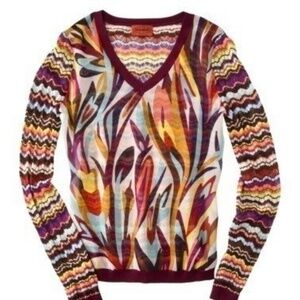 Missoni for Target Burgundy and Brown Floral Mixed Media V-neck Sweater